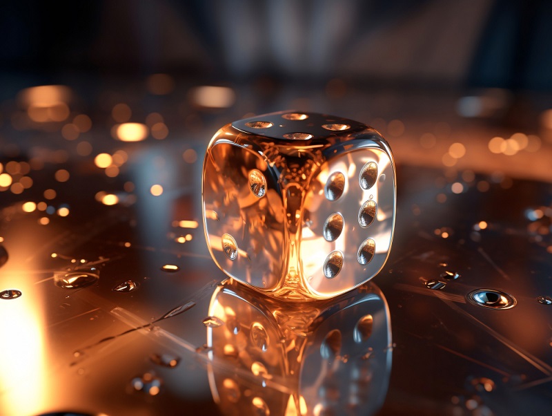 Glass dice on a wet polished table